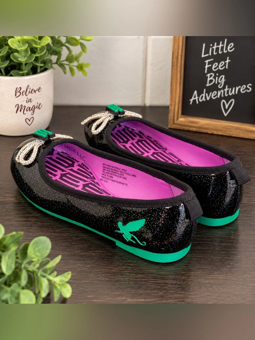 ✨ WICKED Girls’ Black Glitter Ballet Flats – Kids Size 12 ✨